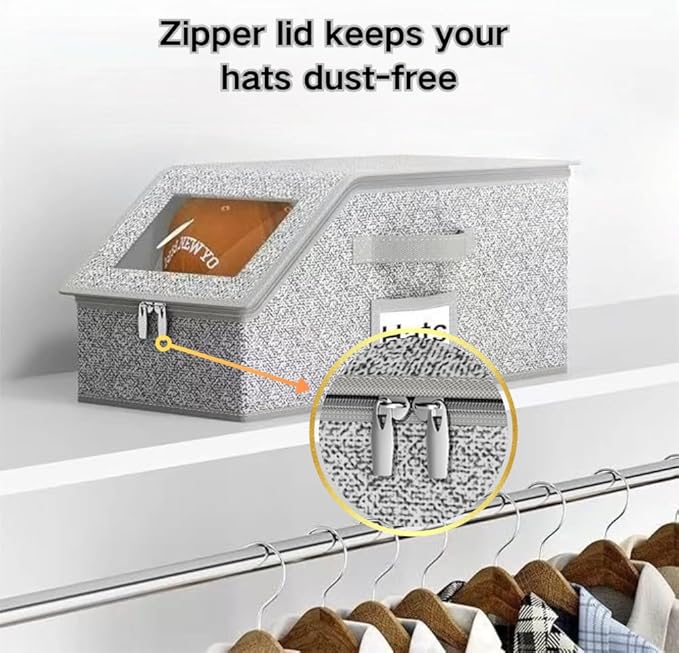 Space-Saving Hat Box with Clear Window Zipper Lid 2-Pack Stackable Closet Hat Organizer for Baseball Caps 16.5*9*7 Inches Grey