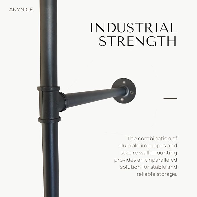 Industrial Pipe Clothing Rack, Heavy Duty Wall Mounted Clothes Rack, Retail Display Hanging Garment Rod for Laundry Rooms, Closet Storage, 14.6x37.4x82.7 Inches, Model K05