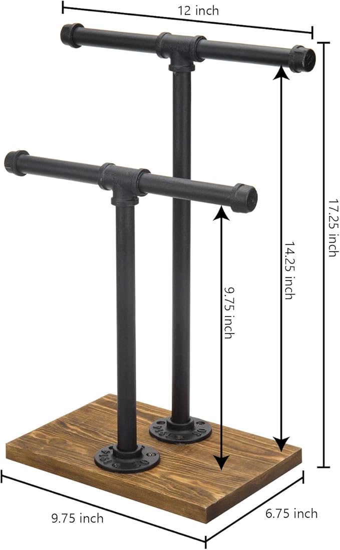 MyGift Adjustable 2-Tier Industrial Jewelry Display Stand - Rustic Metal Pipe & Brown Wood Base for Necklaces, Bracelets, Watches - Home & Boutique Decor (11.75" H)