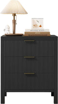 3 Drawer Dresser, Chest of Drawers Organizer with Waveform Panel, Large Fluted Dresser with Wide Drawers and Golden Handles, Wood Storage for Bedroom, Hallway, Entryway, Black
