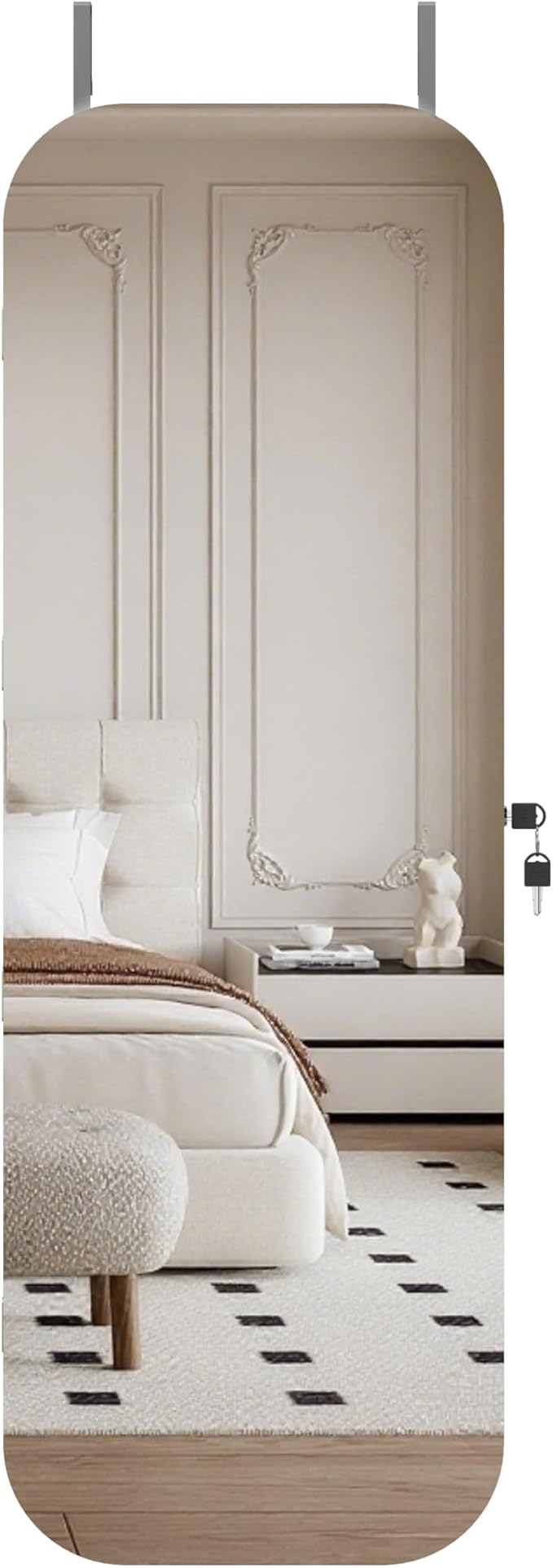 Montary Door or Wall-Mounted Jewelry Cabinet with Full-Length Mirror - Lockable Storage Organizer with Built-In LED Lighting, Hidden Jewelry Armoire for Bedroom & Closet, White