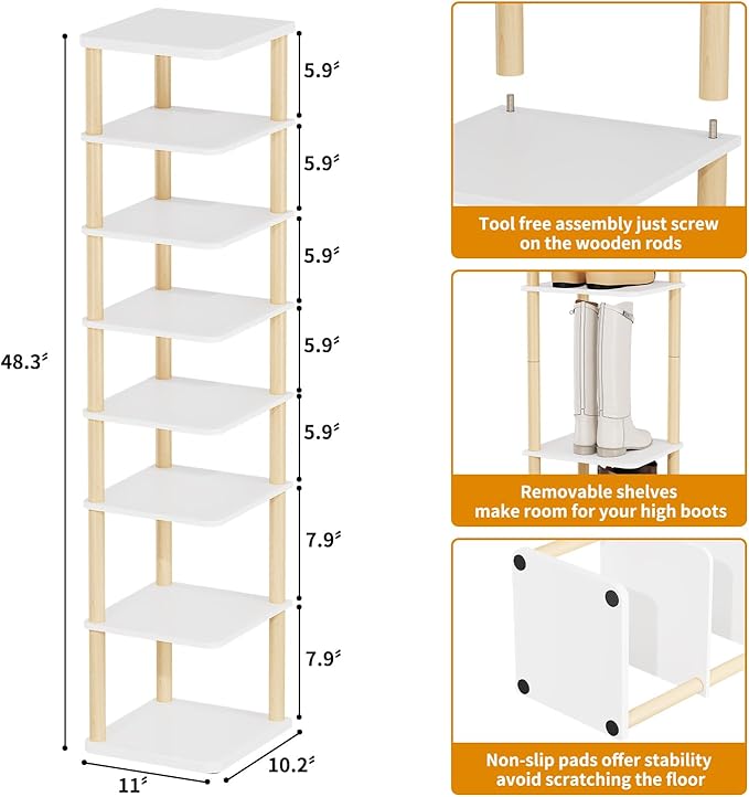 LUCKNOCK Vertical Shoe Rack, 8-Tier Tall Narrow Shoe Organizer for Entryway, Closet, Dorm & Small Spaces, Freestanding White Wooden Shoe Shelf Tower for Boots, Sneakers, Heels.
