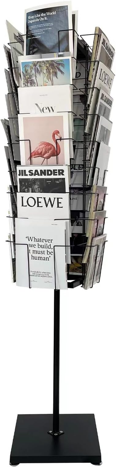 TONGMO 36-Pocket Rotating Magazine Rack Stand, Floor Spinner Display for Magazines, Comic Books, Brochures, A4 Organizer for Office, Bookstore, Home, Reception