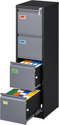 4 Drawer File Cabinet, Vertical Filing Cabinets with Lock, Metal File Cabinets for Home Office, Anti-Tip 4 Storage Drawers for Letter/Legal/A4/F4 Size (Assemble Required, Black)