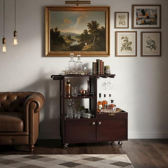 Wood Media Entertainment Cart, Removable Serving Tray, Adjustable Shelf, Cabinet Door Storage, Brown Finish