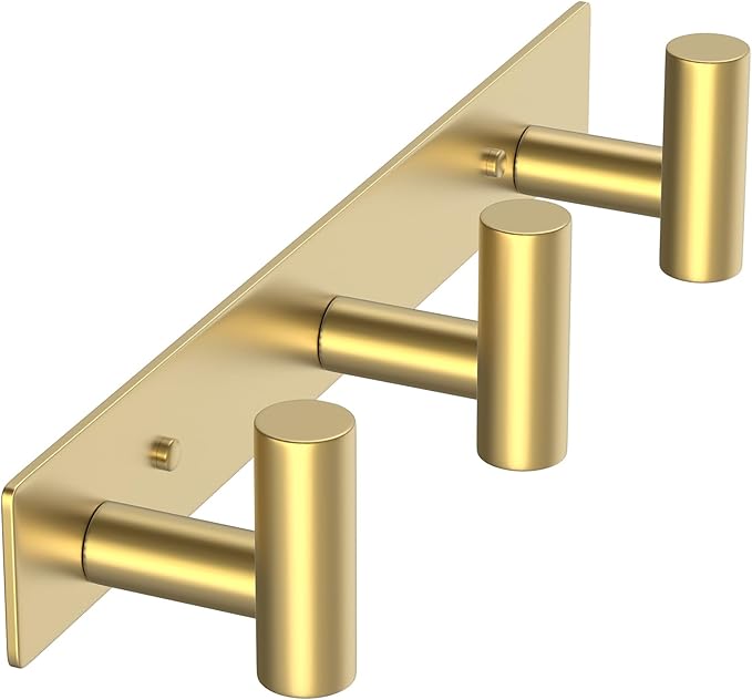 VAEHOLD Hat and Coat Wall Mount Rack - Hooks for Robes, Bags, Keys, and Towels - Bathroom Towel Hanger Organizer (Gold, “T“ Shape 3 Hooks 1 Pack)