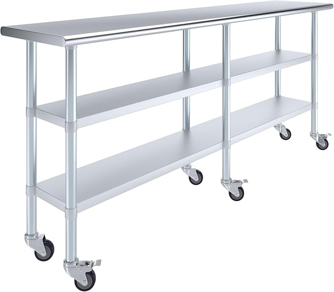 AmGood Stainless Steel Work Table with 2 Shelves and Casters | Metal Utility Table On Wheels (Stainless Steel Work Table with 2 Shelves + Casters, 84" Long x 18" Deep)