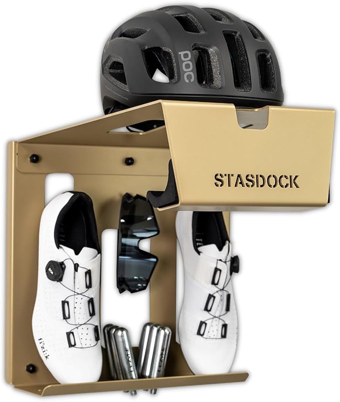 Stasdock Wall Bike Rack | Bike Storage Wall Mount System | For Race Bicycles (New Gold) and Mountain Bikes | Bike Shelf | Indoor bike wall bracket | Store your helmet and shoes | Home and Garage