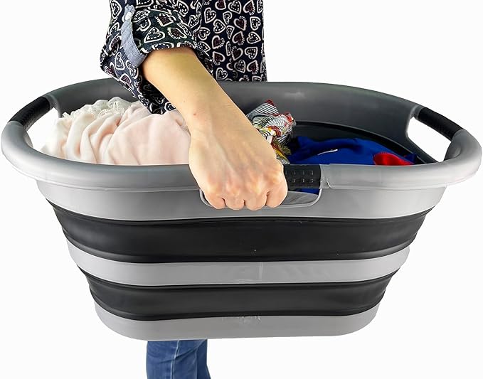 SAMMART 40L (10.5 gallon) Collapsible Plastic Laundry Basket - Space Saving Storage Container/Organizer - Portable Washing Tub - Foldable Pop Up Hamper/Basket (1, Grey/Black)