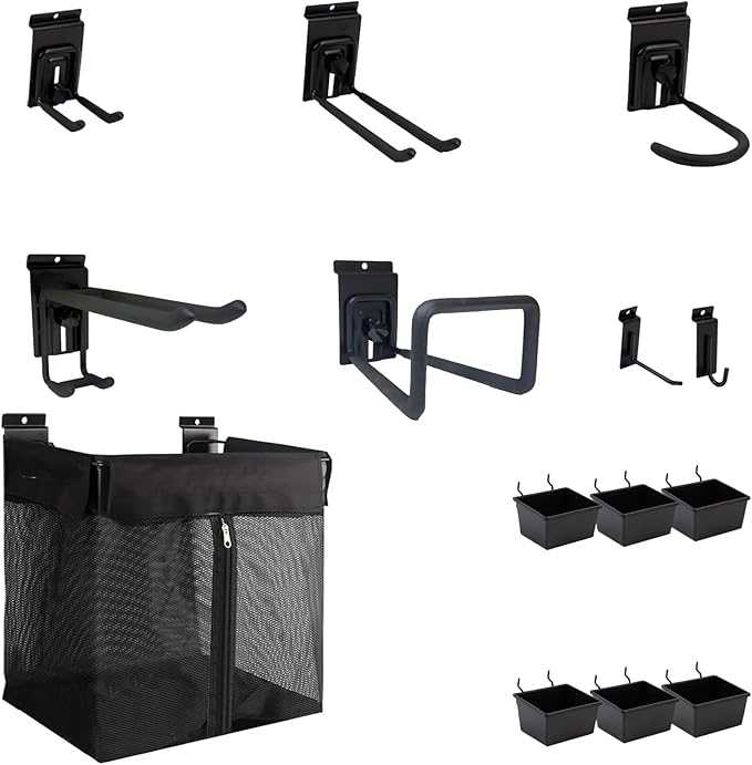 Slatwall Hooks Accessory 14 Pcs, Heavy Duty Single and Double Slatwall Hooks & Hanger Metal Accessories with 6 Slatwall Bin, 1x Slatwall Basket with Zipper