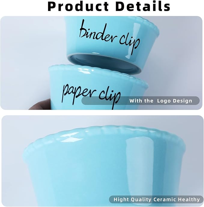 ONTUBE Ceramic Paper Clip Holder and Binder Clip Holder Set (Turquoise)