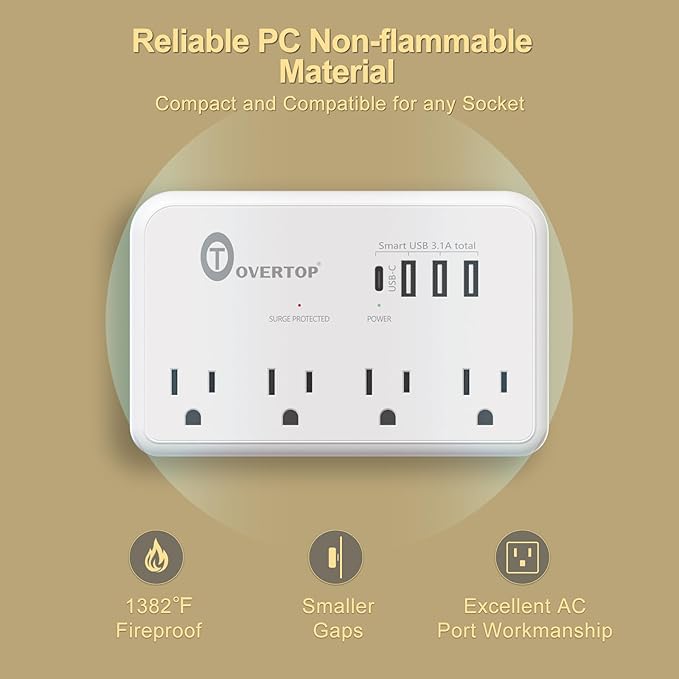 Overtop Wall Outlet Extender Surge Protector with 4 AC Outlets, 4 USB Ports(1 USB C) Multi Plug Expander Charger for Home, Dorm, Classroom, Travel