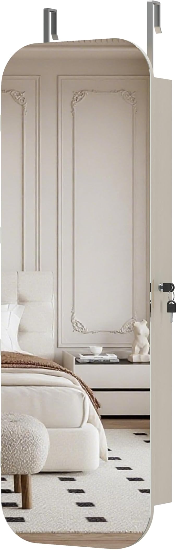 Montary Door or Wall-Mounted Jewelry Cabinet with Full-Length Mirror - Lockable Storage Organizer with Built-In LED Lighting, Hidden Jewelry Armoire for Bedroom & Closet, White