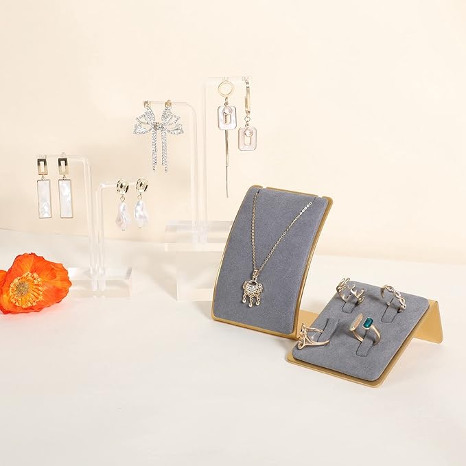 GemeShou Grey Necklace display stand, Velvet Jewelry necklace display holder for selling, small metal earring neck storage organizer, online jewelry photography props【Grey】
