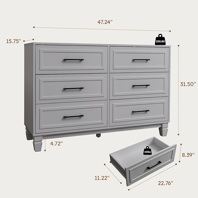 Farmhouse Dresser for Bedroom, 6 Drawer Dresser with Unique Solid Wood Legs, Modern Wide Chest Dressers for Clothes, Closet, Living Room, Grey