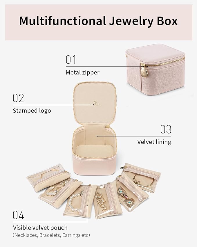 Vlando Jewelry Box with 6 Velvet Jewelry Bags Travel Jewelry Storage Box for Women Girl Jewelry Organizer Necklace Rings Earrings Bags Wedding Gifts Christmas Gifts for Women(Pink)