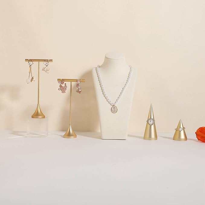 GemeShou Single Gold Earring T bar Stand, Metal earring display holder for show, Small jewelry studs hanger for Online store Photo Shoot【Gold-Cone Base Height 5.8"】