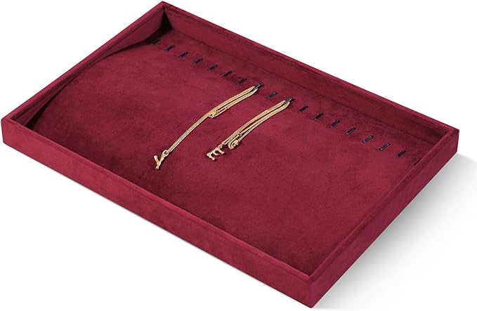 Velvet Jewelry Display Tray For Bracelet Pendant Necklace, Multi-Slot Stackable Storage Tray For Long Chain Jewelries, Drawer Insert Jewelry Organizer (Red)
