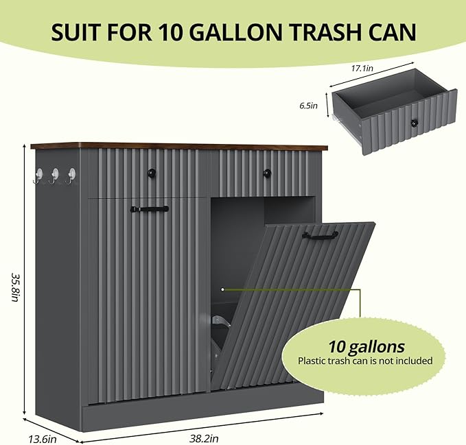 Double Tilt Out Trash Can Cabinet, 20 Gallon Fluted Laundry Hamper Cabinet with 2 Drawers, Wooden Hidden Garbage Can Cabinets for Kitchen, Living Room, Without Trash Bin or Laundry Hamper,Grey