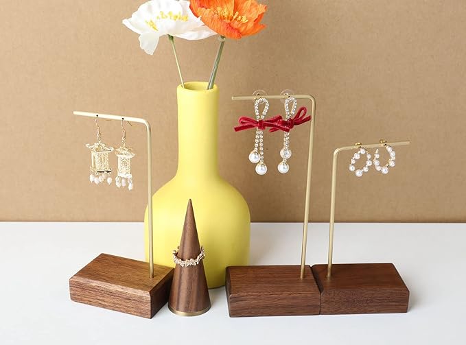 GemeShou 3pcs walnut wooden dangle earring stand holder, hoop earring displays for selling jewelry, mini brass hanger【Walnut Stand set-3pcs】