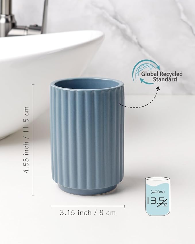 Toothbrush Holder, Tooth Brush Holder for Bathroom - Ceramic Toothbrush Cup Toothbrush Holders Countertop, Stripe Design Makeup Brush Holder Pen Holder, ANTIS'S HOME (Blue)