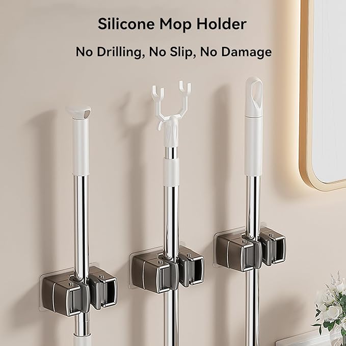 4 Pack Heavy Duty Mop Holder Wall Mount, Strong Adhesive Hanger for Broom Closet Organizer, Space Saving Utility Hooks for Bathroom Kitchen Garage Storage