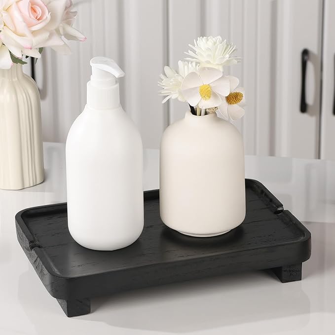 Wood Riser Small Decorative Tray Sink Soap Dish, Vanity Tray Pedestal Stand 9 x 5.9 inches (Black)
