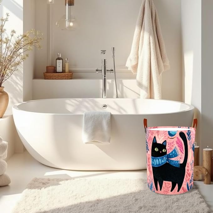 Laundry Baskets 15.7x19.7 Inch Large Black Cat Bird Floral Scarf Design Collapsible Laundry Hamper with Handles Oxford Fabric Clothes Storage Bin Foldable Dirty Clothes for Bedroom Bathroom Dorm