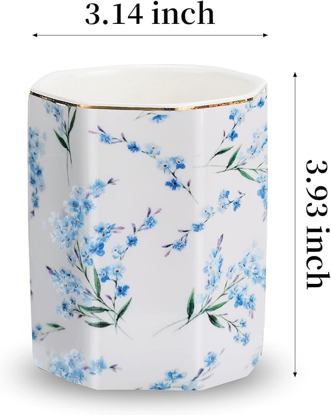 Pencil Holder for Desk Organizer,Ceramic Writing Utensil Storage Organizer Aesthetic Floral Pattern Pen Holder Pen Cup Makeup Brush Holder Creative Gift for Desktop Supplies,School Life Blue