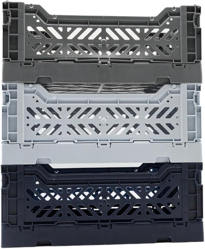 Collapsible Storage Box, Foldable Crate Organizer Bin with Handle, Stackable Crates for Home Organization (Navy-Gray-LightBlue, 4L - 3-Pack)