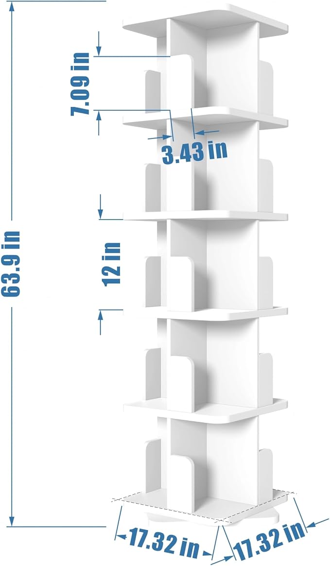 MHOM White Rotating Bookshelf, 360 Display 5 Tier Rotating Bookshelf Tower, Floor Standing Revolving Bookcase, Wooden Small Bookcase for Small Spaces, and Living Room