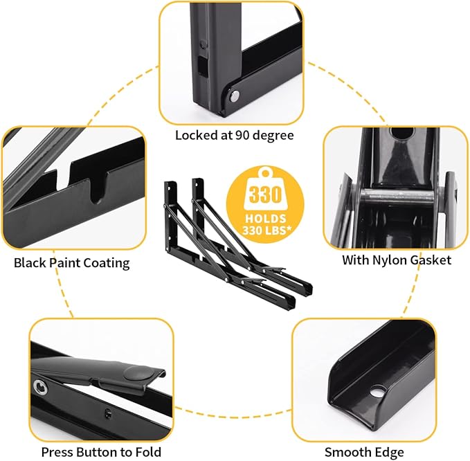 YUMORE 16 Inch Folding Shelf Brackets, Heavy Duty Collapsible Shelf Bracket, Black DIY L Bracket for Workbench Folding Table Hinge, Max Load: 330lb, Pack of 2