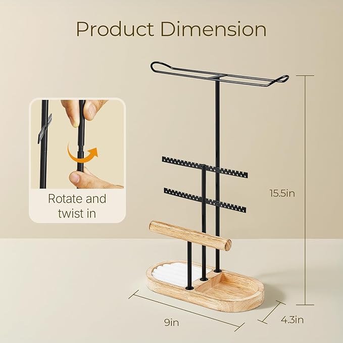 3 Tiers Jewelry Organizer, Earring Holder Organizer with 80 Holes, T-Bar Beige Velvet Bracelet Holder for HeadBands, Earrings, Bracelets, Rings Jewelry Holder Organizer (Rustic Brown)