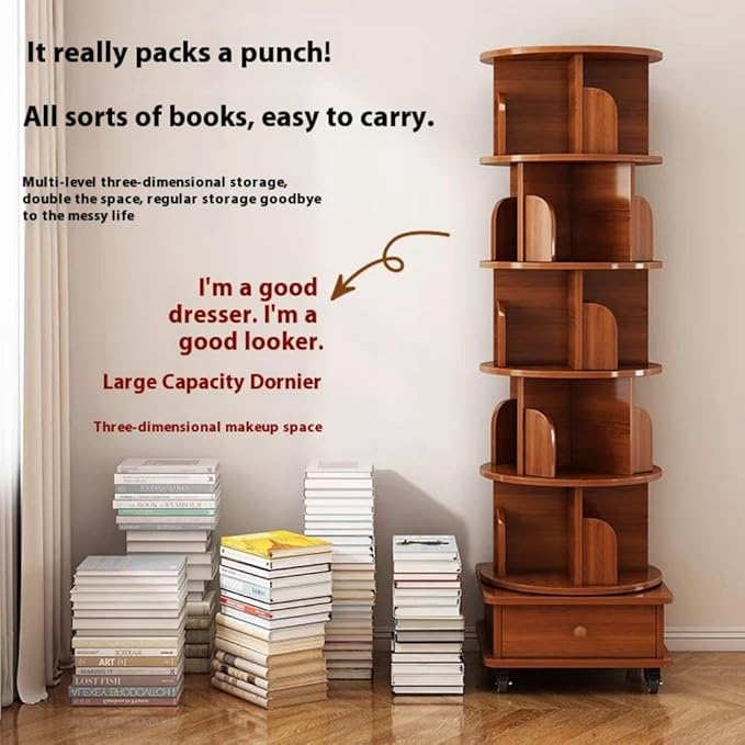 Rotating 360° Corner Bookshelf, 6-Tier Wood Bookcase with Wheels, Space-Saving Narrow Organizer for Bedroom, Living Room, and Study, Walnut Brown