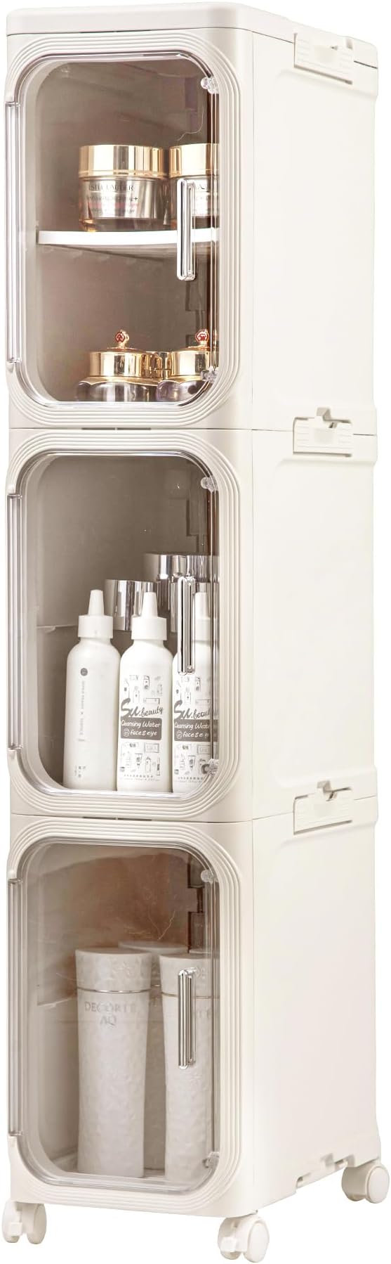 3-Tier Slim Tall Narrow Bathroom Storage Cabinet with Adjustable Shelves and Movable Wheels, Magnetic Doors, Plastic Storage Cabinets and Organizers for Small Space, Cream White