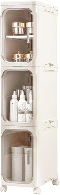 3-Tier Slim Tall Narrow Bathroom Storage Cabinet with Adjustable Shelves and Movable Wheels, Magnetic Doors, Plastic Storage Cabinets and Organizers for Small Space, Cream White