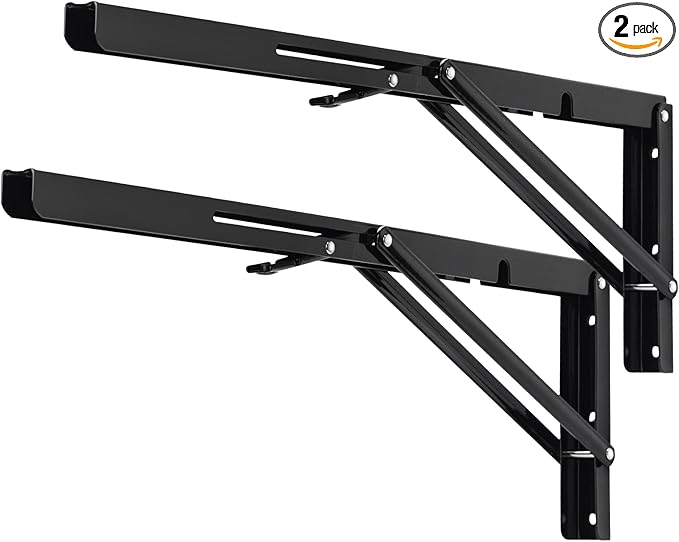 YUMORE Folding Shelf Brackets, 20 Inch Heavy Duty L Bracket, Black DIY Collapsible Shelf Bracket for Workbench Folding Table Hinge, Max Load: 330lb, Pack of 2