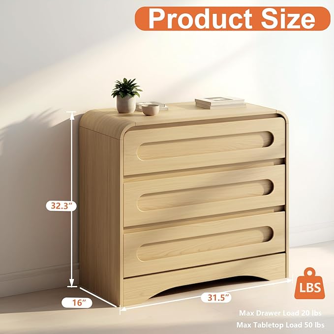 3 Drawer Dressers for Bedroom, 32" Wide Wood Storage Dresser & Chest of Drawers Organizer, Large Modern Dressers with 3 Drawer Storage Organizer for Bedroom Living Room Hallway Closet, Oak