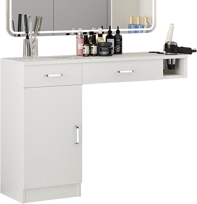 4ever2buy Salon Stations for Hair Stylist, Wall Mount Barber Station with Barber Cabinet, Hair Station Equipment Hair Dryer Holder, Drawers, Mirror not Included, White