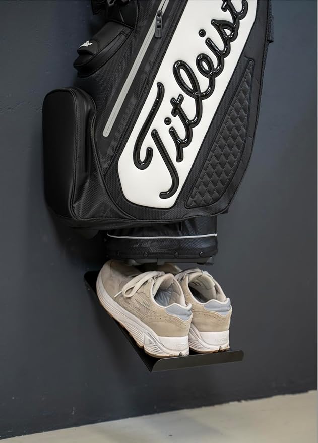Wall Mount Golf Bag Stand for Storage, Golf Storage Organizer for Garage, Club Dock for Golfing Bag | Shoe Holder add-on | Black