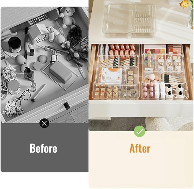Expandable Drawer Organizer Tray from 11” to 19.1”, Adjustable Silverware in Drawer Holder, Clear Plastic Drawer Storage with Sliding Dividers for Utensil, Cosmetics, Toiletries, Offices