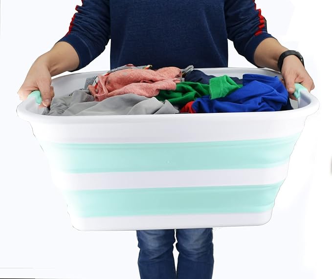 SAMMART 42L Collapsible Plastic Laundry Basket - Foldable Pop Up Storage Container/Organizer - Portable Washing Tub - Space Saving Hamper/Basket (White/Light Green, 1)