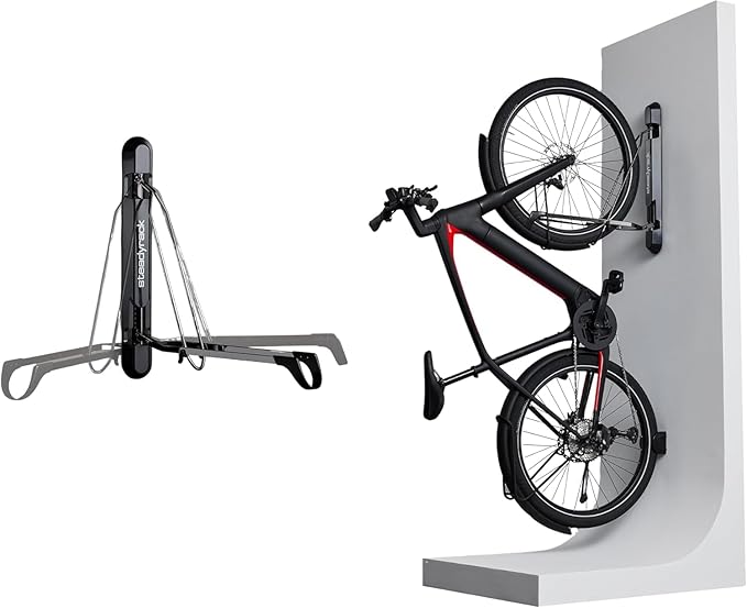 Steadyrack Bike Rack for Mountain Bikes - The Original Wall Mounted Vertical Bike Storage - Fits Wide Tires - Space Saving Pivot Design - Heavy-Duty Steel Rack for Indoor Garage, Apartment or Home Use