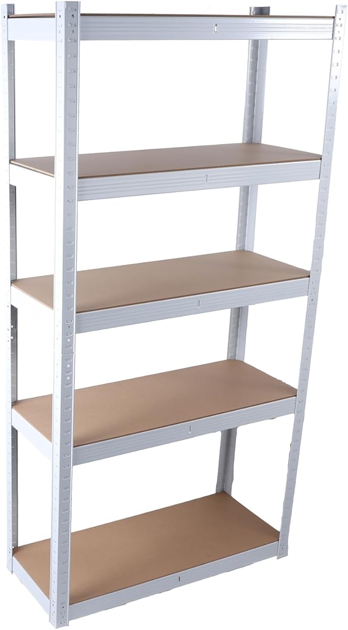 Weallux 5-Tier Metal Storage Shelf, White Steel Frame with Wood Shelves, 29.5 x 12 x 59 Inches, Adjustable Heavy Duty Utility Rack for Garage, Kitchen, Pantry