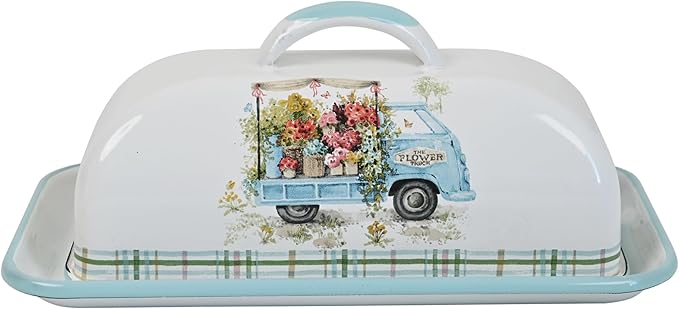 Enamel Butter Dish with Lid Vintage Enamelware Butter Keeper with Flower and Bird Patterns Farmhouse Butter Container Butter holder for Countertop Kitchen Decor (Lightblue)