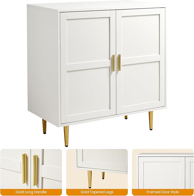 RoyalCraft 2-Door Wood Cabinet, Modern Credenza with Adjustable Shelves, Freestanding Buffet Sideboard Cabinet for Living Room, Dining Room, Entryway, White
