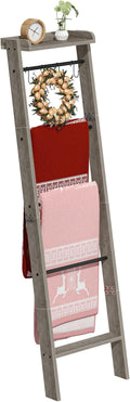 Blanket Ladder Shelf, Decorative Quilt Rack,6-Tier Farmhouse Ladder Holder Organizer with 4 Removable Hooks, Greige BR35805B