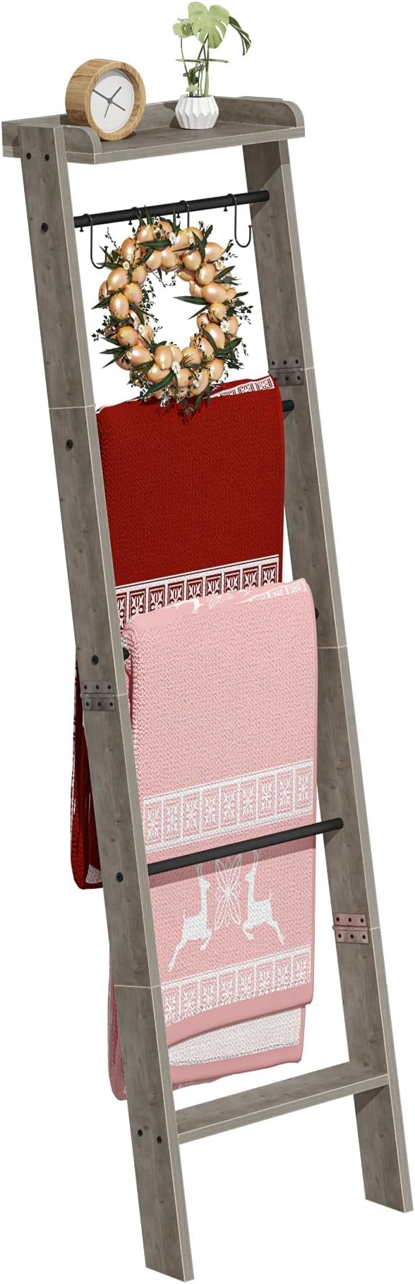 Blanket Ladder Shelf, Decorative Quilt Rack,6-Tier Farmhouse Ladder Holder Organizer with 4 Removable Hooks, Greige BR35805B