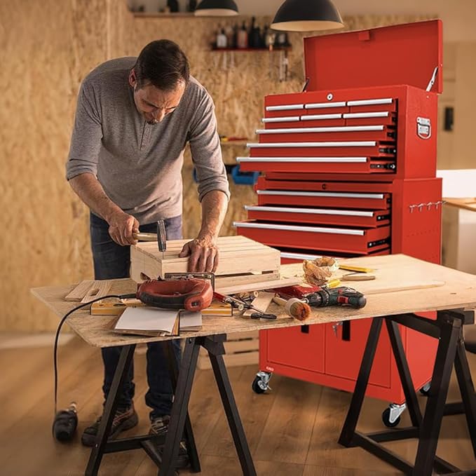 Tool Chest 13-Drawer with Double Door Handle,2 in 1 Detachable Rolling Tool Chests with Wheels and Drawers,Large Tool Box with Lock for Warehouse,Garage (Red)