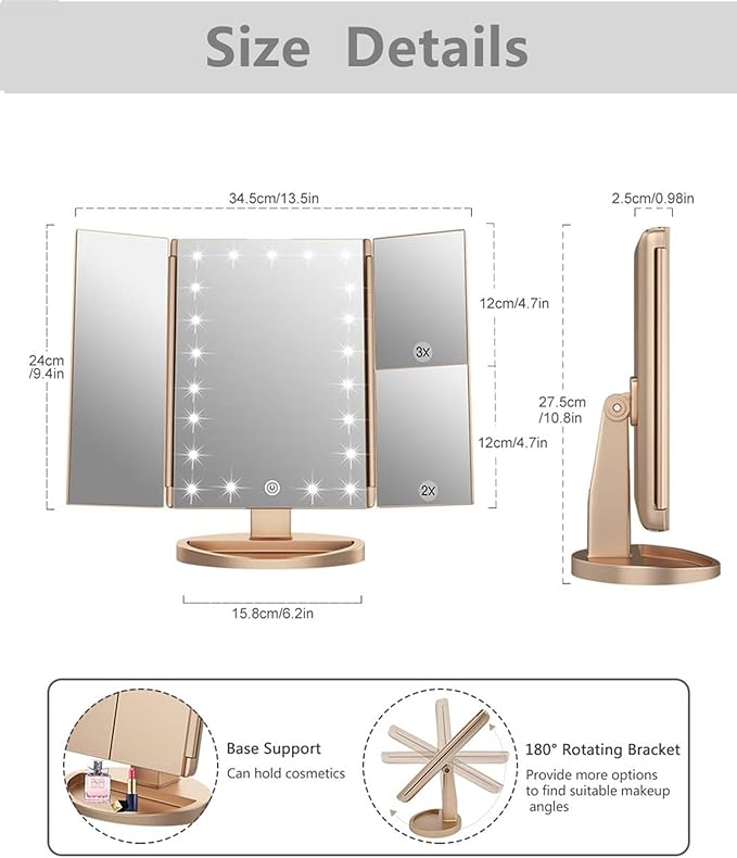 Tri-fold Lighted Vanity Makeup Mirror with 3x/2x/1x Magnification, 21Leds Light and Touch Screen,180 Degree Free Rotation Countertop Cosmetic Mirror,Travel Makeup Mirror (Gold)
